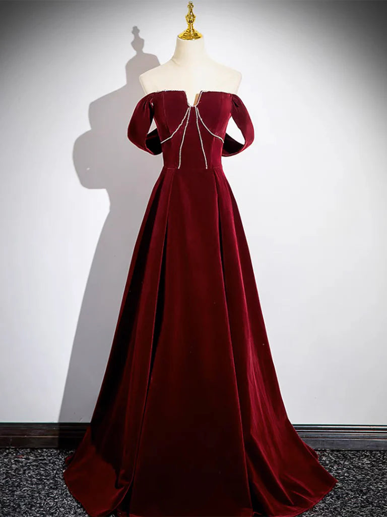 Amzcw A-Line Velvet Burgundy Long Prom Dress Burgundy Long Formal Dress prom dress in store