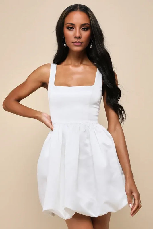 Amzcw Regal Cutie White Satin Square Neck Bubble-Hem Mini Dress formal wear dresses