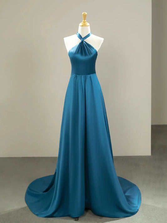 Amzcw Simple Satin Blue Long Prom Dress Blue Long Formal Dress prom dress in store