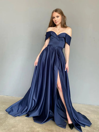 Amzcw Simple blue off shoulder satin long prom dress blue evening dress prom dresses shops