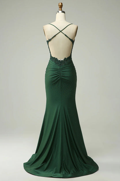 Amzcw Dark Green Mermaid Halter Long Prom Dress with Appliques Beading