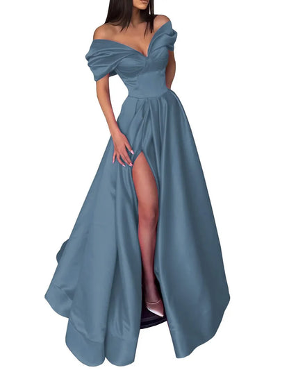 A-Line/Princess Off-The-Shoulder Long Prom Dresses With Split Side