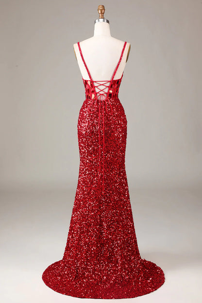 Amzcw Sheath Spaghetti Straps Sparkly Sequins Red Prom Dress with Split Front prom dresses with long sleeves