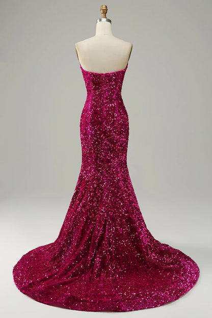 Fuchsia Sweetheart Neck Sequined Mermaid Prom Dress With Sweep Train