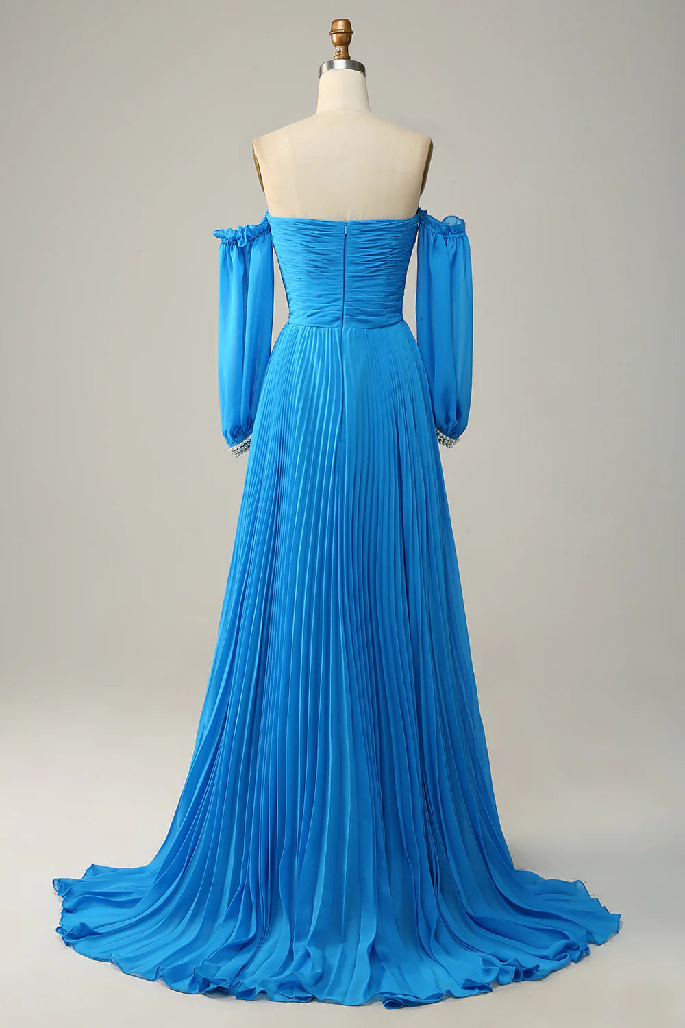 A Line Off the Shoulder Blue Long Prom Dress With Beading