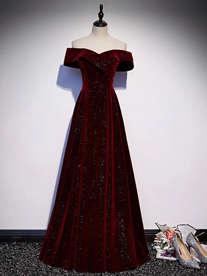 Amzcw A-Line Off Shoulder V Neck Velvet Burgundy Long Prom Dress Burgundy Long Formal Dress prom dresses shops