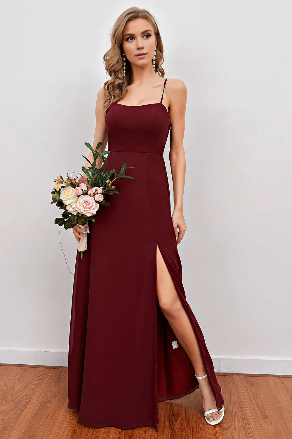 Amzcw Burgundy Spaghetti Straps Long Bridesmaid Dress with Split prom dresses shops gowns evening dresses