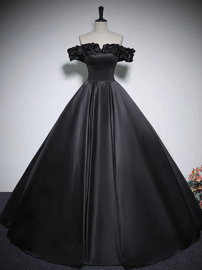 Amzcw Black A-Line Off Shoulder Satin Long Prom Dress Black Formal Dress prom dress in store