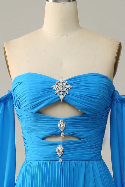 A Line Off the Shoulder Blue Long Prom Dress With Beading