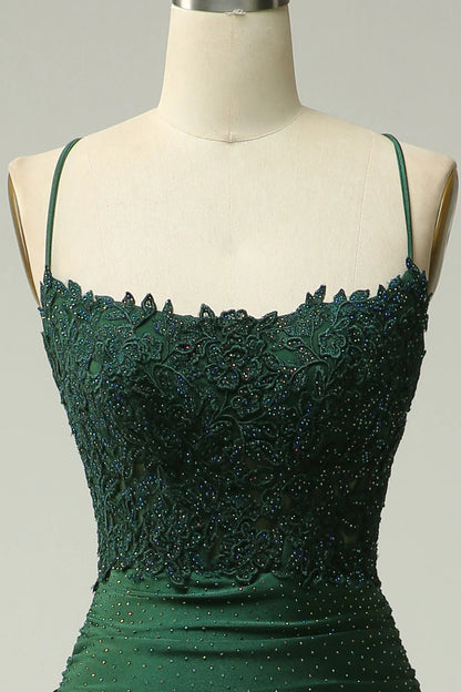 Mermaid Halter Dark Green Long Prom Dress with Appliques Beading