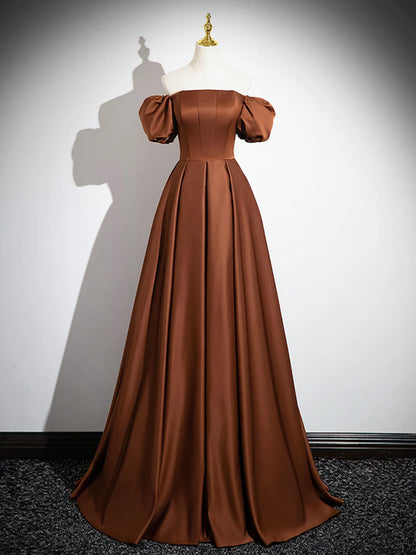 Amzcw Simple Satin Brown Long Prom Dress Brown Long Evening Dress prom dress in store