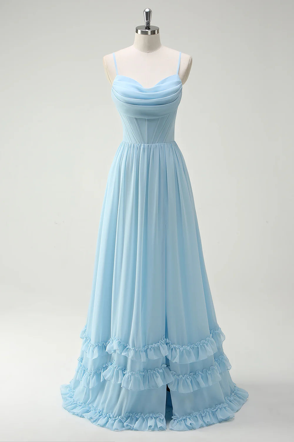 Amzcw Sky Blue A-Line Spaghetti Straps Print Long Bridesmaid Dress with Slit gowns evening dresses