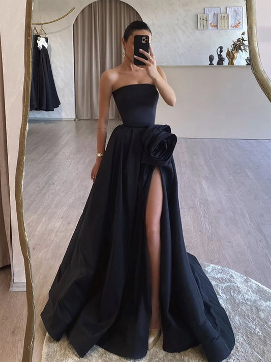 Amzcw A-Line Satin Black Long Prom Dress Black Long Formal Dress prom dress in store ﻿