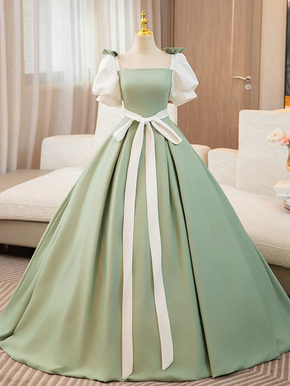 Amzcw A-Line Puff Sleeves Satin Green Long Prom Dress Green Sweet 16 Dress prom dresses shops