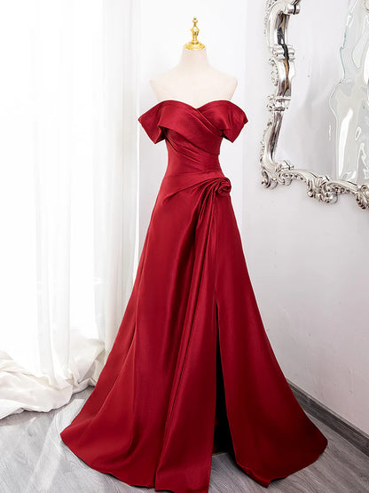 Amzcw A-Line Off Shoulder Satin Burgundy Long Prom Dress prom dress in store