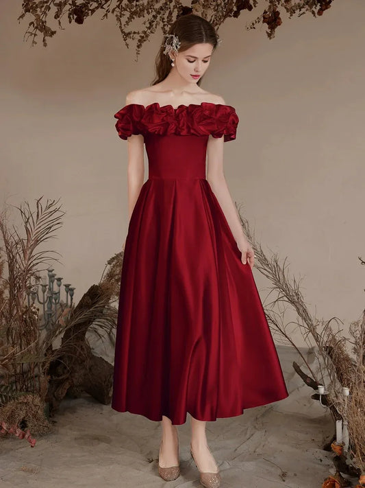 Amzcw A-Line Off Shoulder Satin Tea Length Burgundy Prom Dress Burgundy Formal Dress prom dresses shops