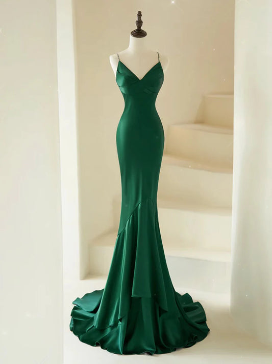 Amzcw Mermaid V Neck Satin Green Long Prom Dress Green Satin Long Formal Dress prom dresses shops ﻿