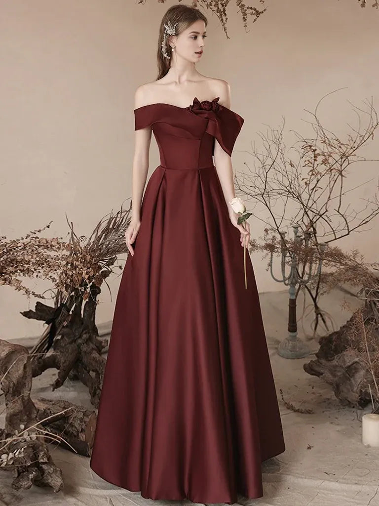 Amzcw A-Line Off Shoulder Satin Burgundy Long Prom Dress Burgundy Long Formal Dress prom dresses shops