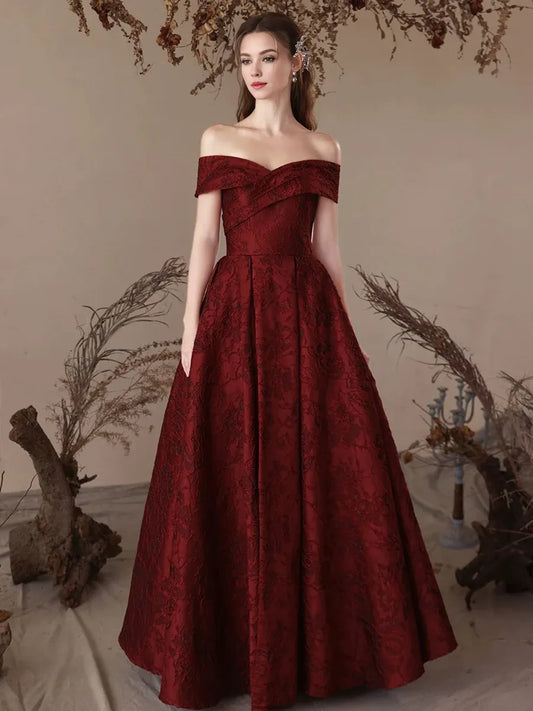 Amzcw A-Line Off Shoulder Satin Burgundy Long Prom Dress Burgundy Long Evening Dress prom dresses shops ﻿