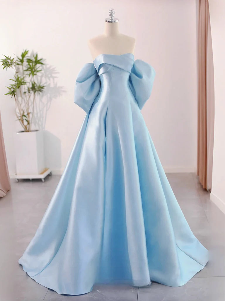 Amzcw A-Line Sweetheart Neck Satin Blue Long Prom Dress Blue Long Formal Dress prom dresses shops