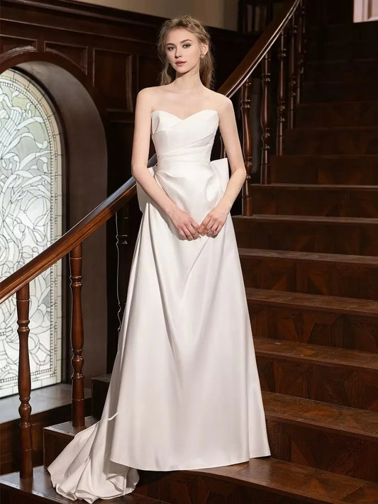 Amzcw A-Line Satin White Long Prom Dress White Long Formal Dress prom dress in store ﻿