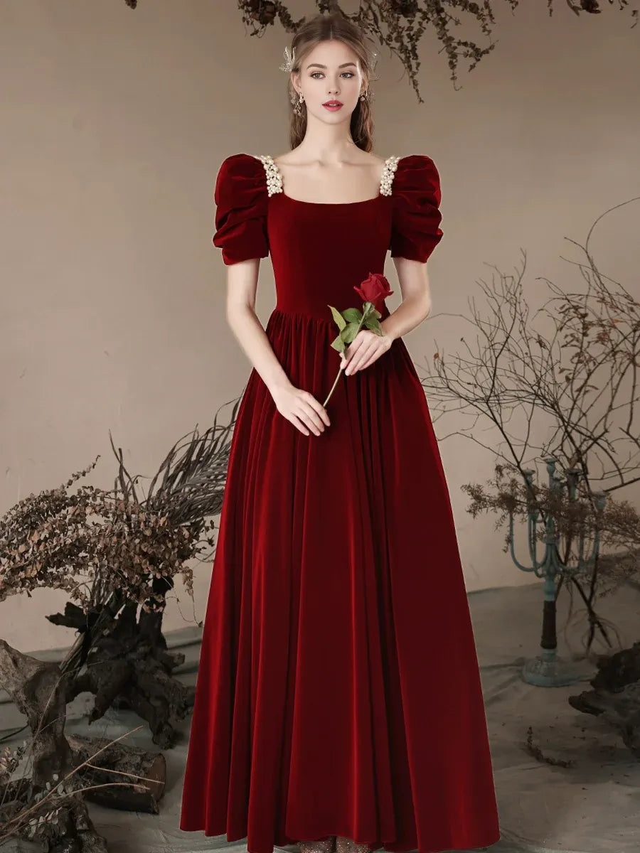 Amzcw A- Line Velvet Burgundy Long Prom Dress Burgundy Long Formal Dress prom dress in store ﻿