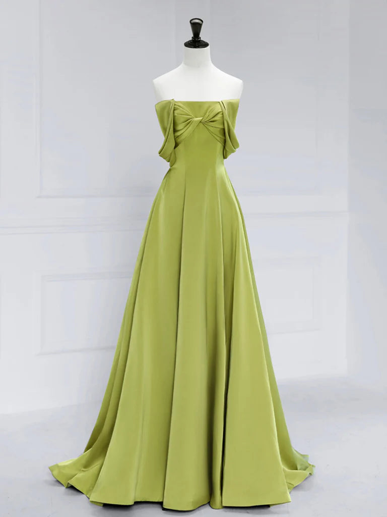 Amzcw A-Line Off Shoulder Satin Green Long Prom Dress Green Long Formal Dress prom dress in store ﻿