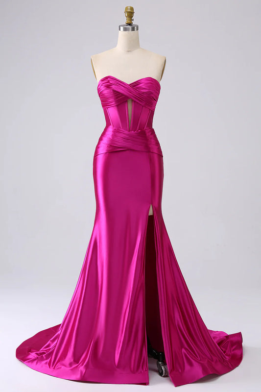 Amzcw Sparkly Fuchsia Mermaid Sweetheart Corset Long Prom Dress with Slit stores with prom dresses