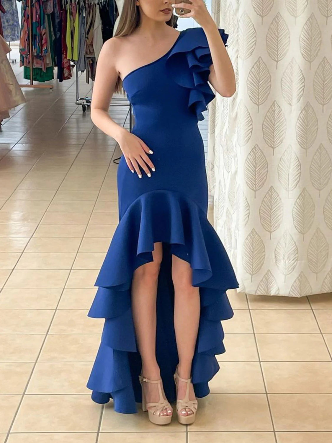 Amzcw Royal blue satin one shoulder long prom dress blue cocktail dress prom dress in store