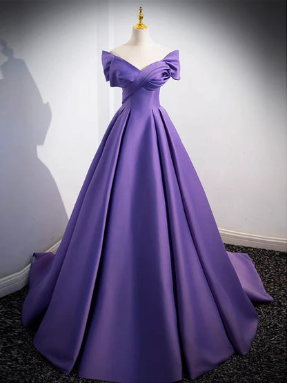 Amzcw Simple Off Shoulder Satin Purple Long Prom Dress Purple Long Evening Dress prom dresses shops ﻿