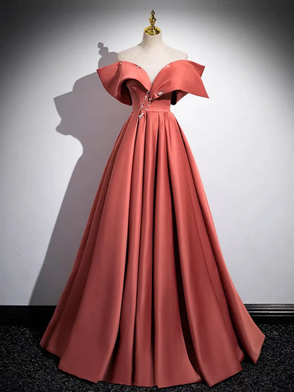 Amzcw A-Line Off Shoulder Off Shoulder Satin Long Prom Dress Watermelon Red Long Formal Dress prom dress in store