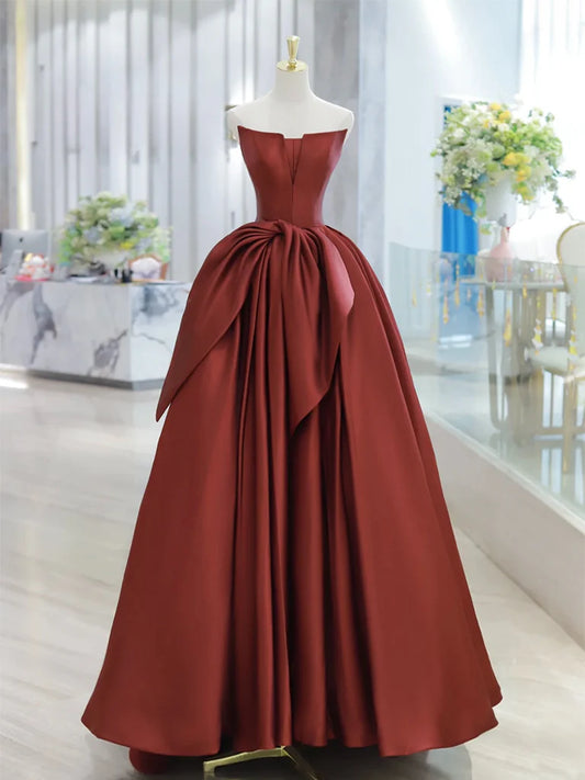 Amzcw A-Line Satin Burgundy Long Prom Dress Burgundy Long Formal Dress prom dresses shops ﻿