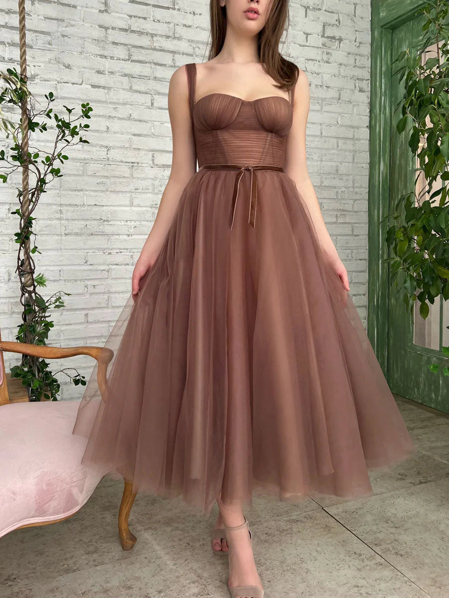 Amzcw Simple Aline Tea Length Brown Prom Dresses Brown Homecoming Dresses prom dress in store