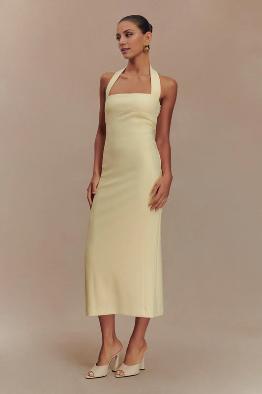 Amzcw Elegant Suiting Halter Midi Dress formal wear dresses - Pale Lemon