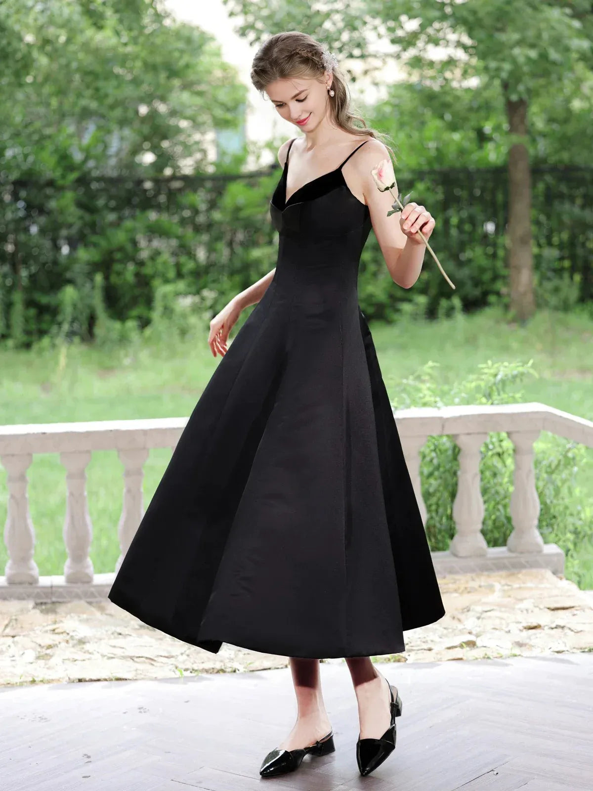 Amzcw A-Line V Neck Tea Length Satin Black Prom Dress Black Formal Dress prom dress in store