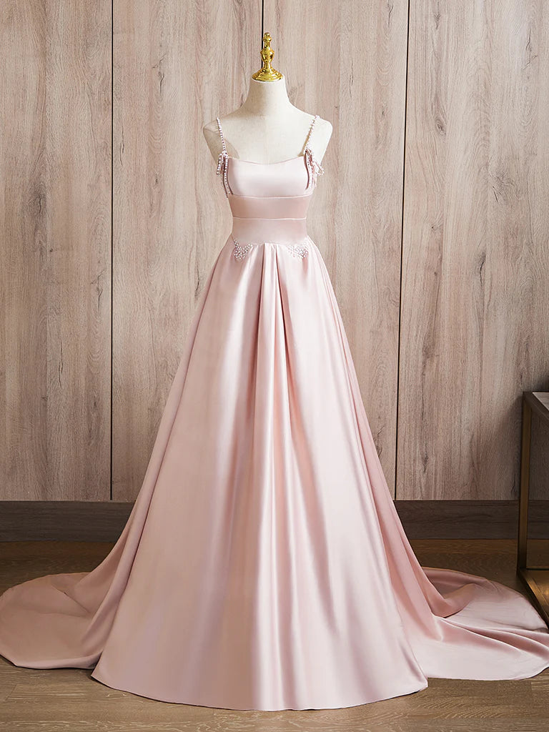 Amzcw A-Line Satin Pink Long Prom Dress Pink Long Formal Dress prom dress in store