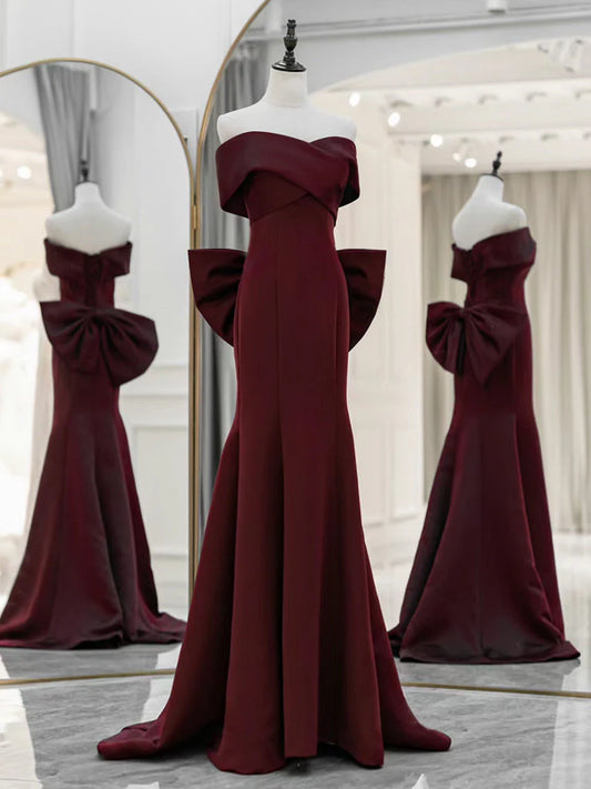 Amzcw Simple Off Shoulder Satin Burgundy Long Prom Dresses Mermaid Long Evening Dress prom dresses shops