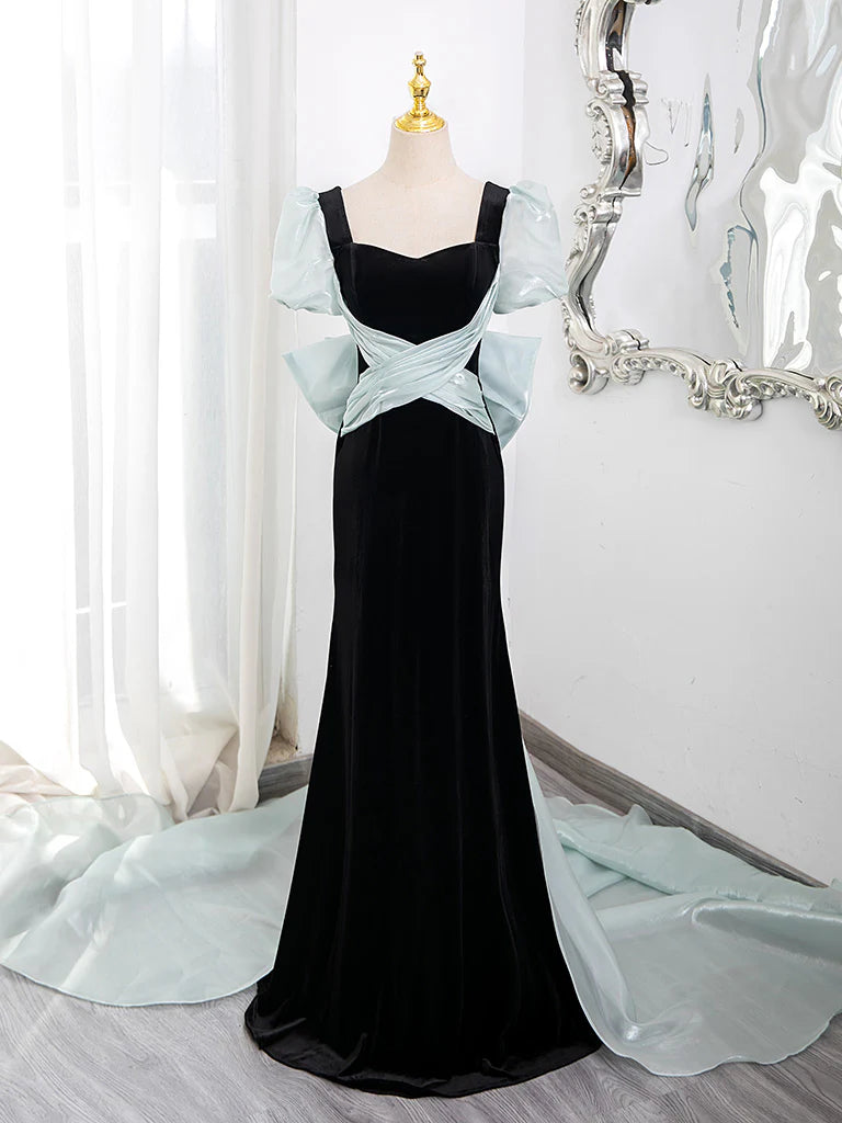 Amzcw Simple Mermaid Velvet Black Long Prom Dress Black Long Formal Dress prom dress in store