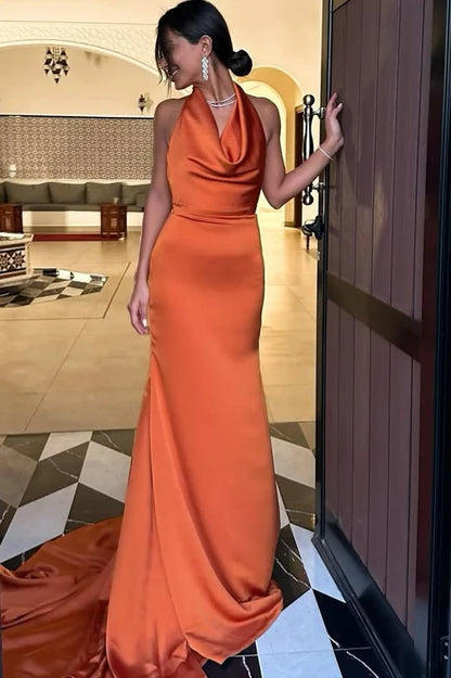Amzcw Chic Halter Sleeveless Satin Pleated Mermaid Formal Prom Dress with Train
