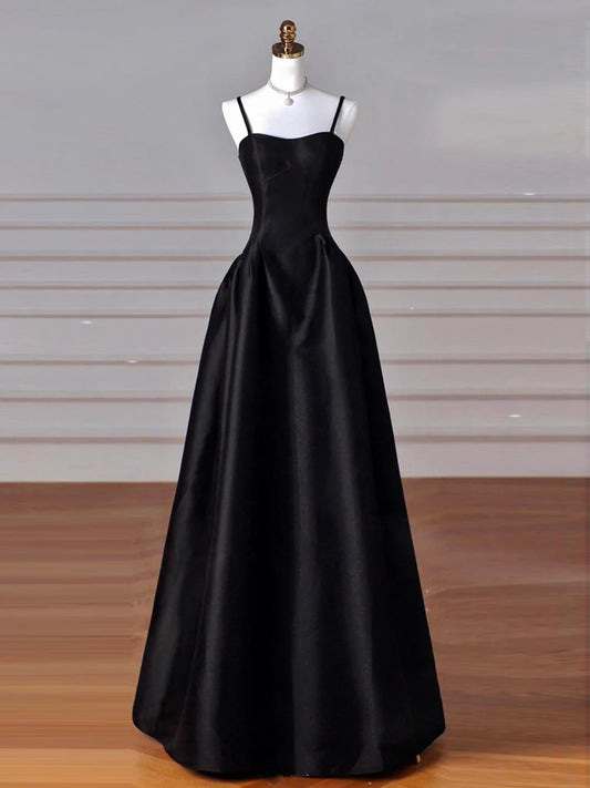 Amzcw A-Line Sweetheart Neck Satin Black Long Prom Dress Black Long Evening Dress prom dresses shops ﻿