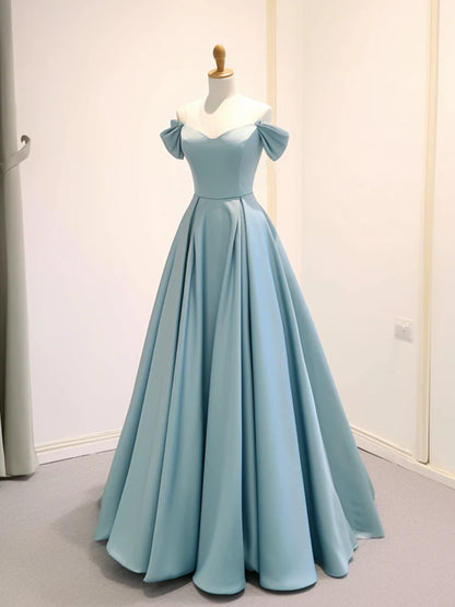 Amzcw A-Line Off Shoulder Satin Blue Long Prom Dress Blue Long Formal Dress prom dresses shops ﻿