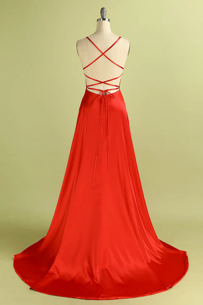 Red Backless Satin Prom Bridesmaid Dress