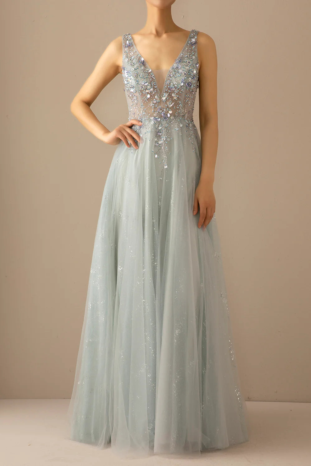 Long A Line Tulle Grey Blue Evening Dress