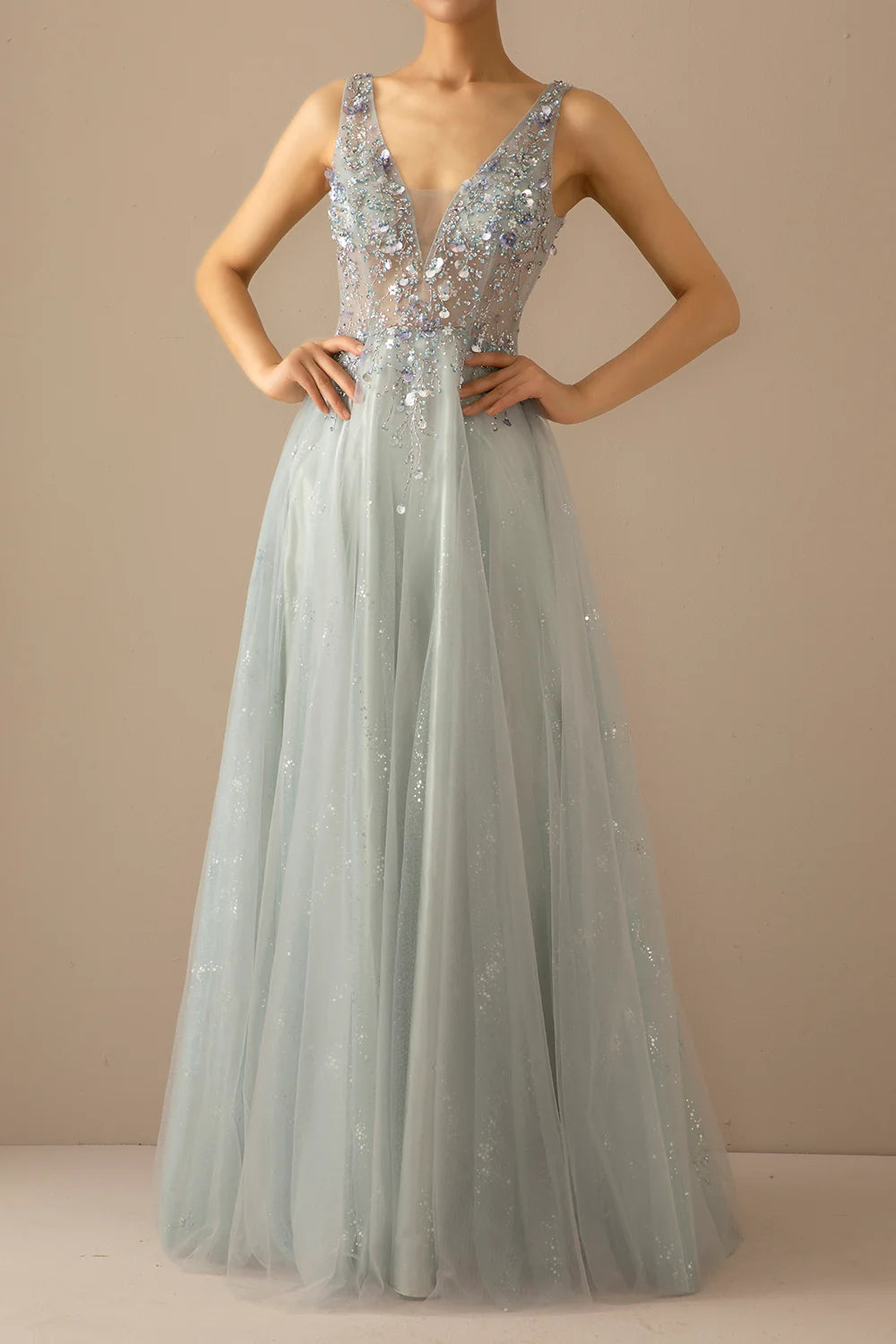 Long A Line Tulle Grey Blue Evening Dress