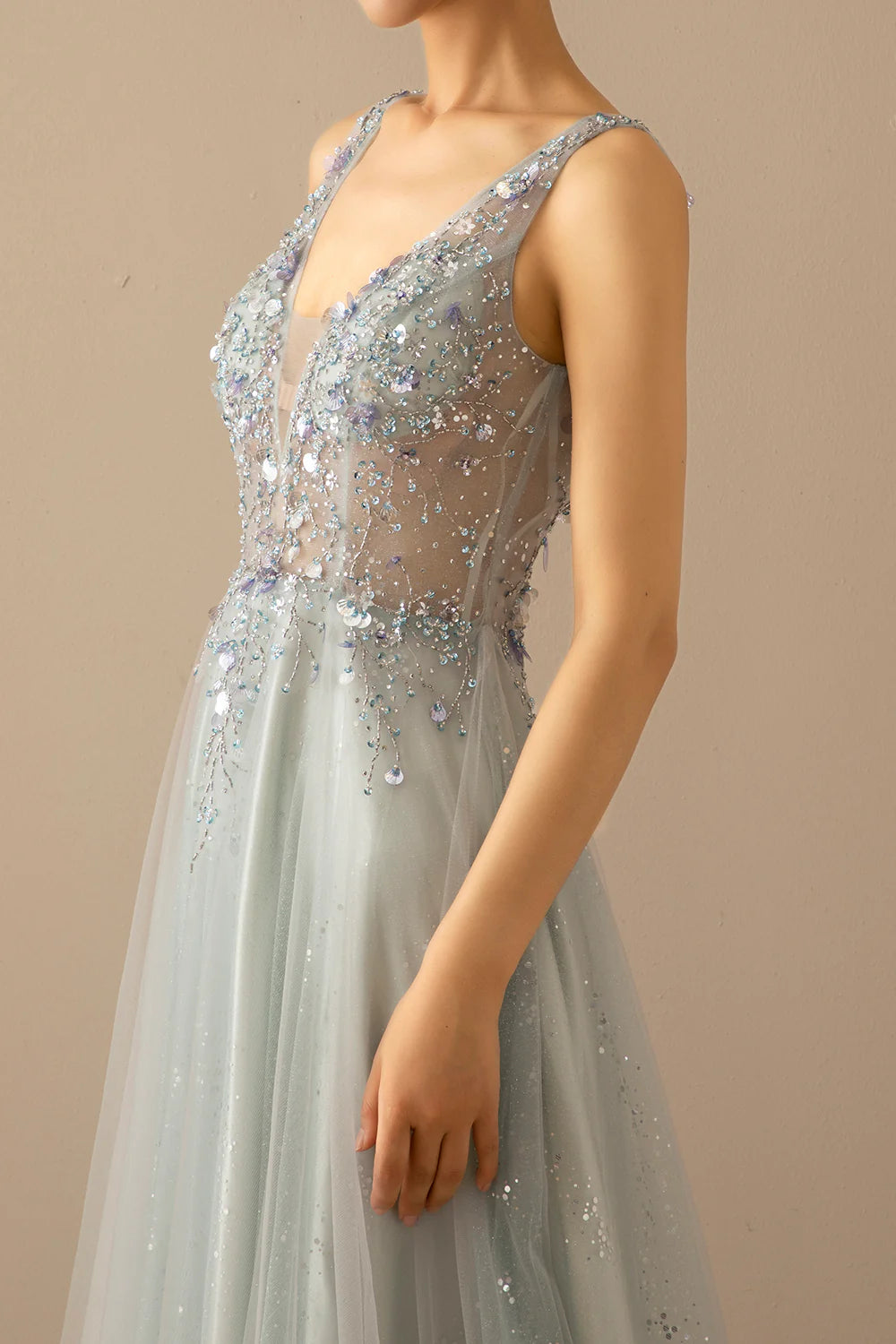 Long A Line Tulle Grey Blue Evening Dress