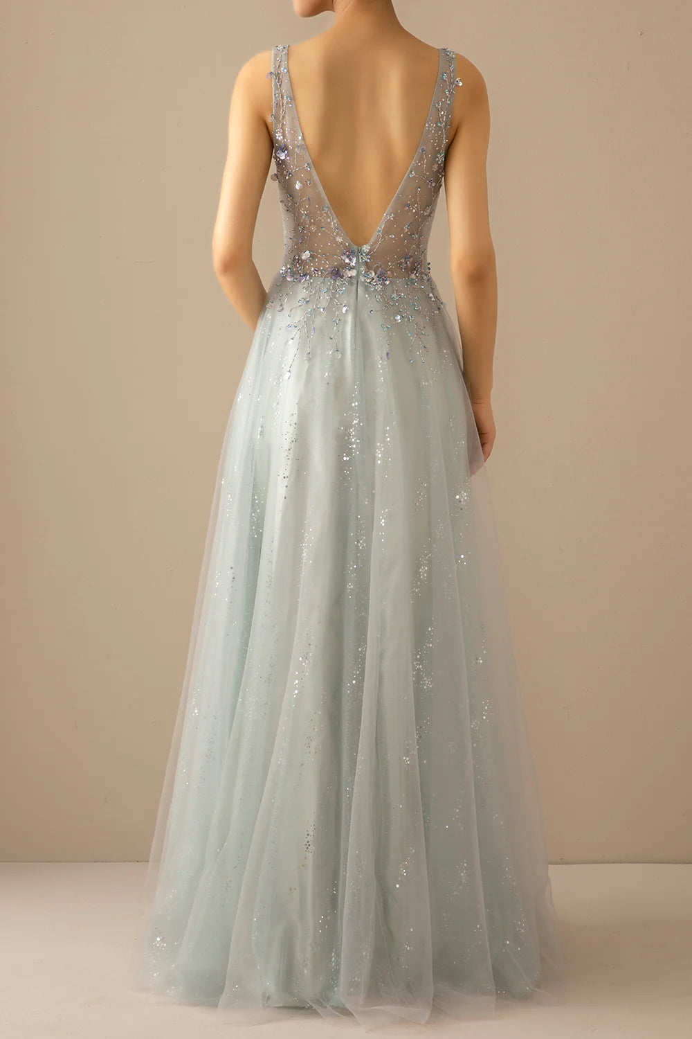 Long A Line Tulle Grey Blue Evening Dress