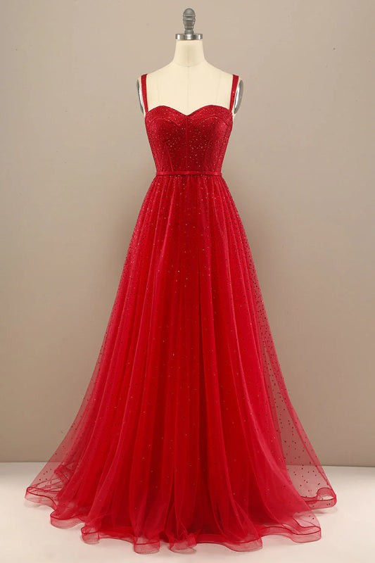 Amzcw Red A Line Sweetheart Tulle Long Prom Dress with Beading