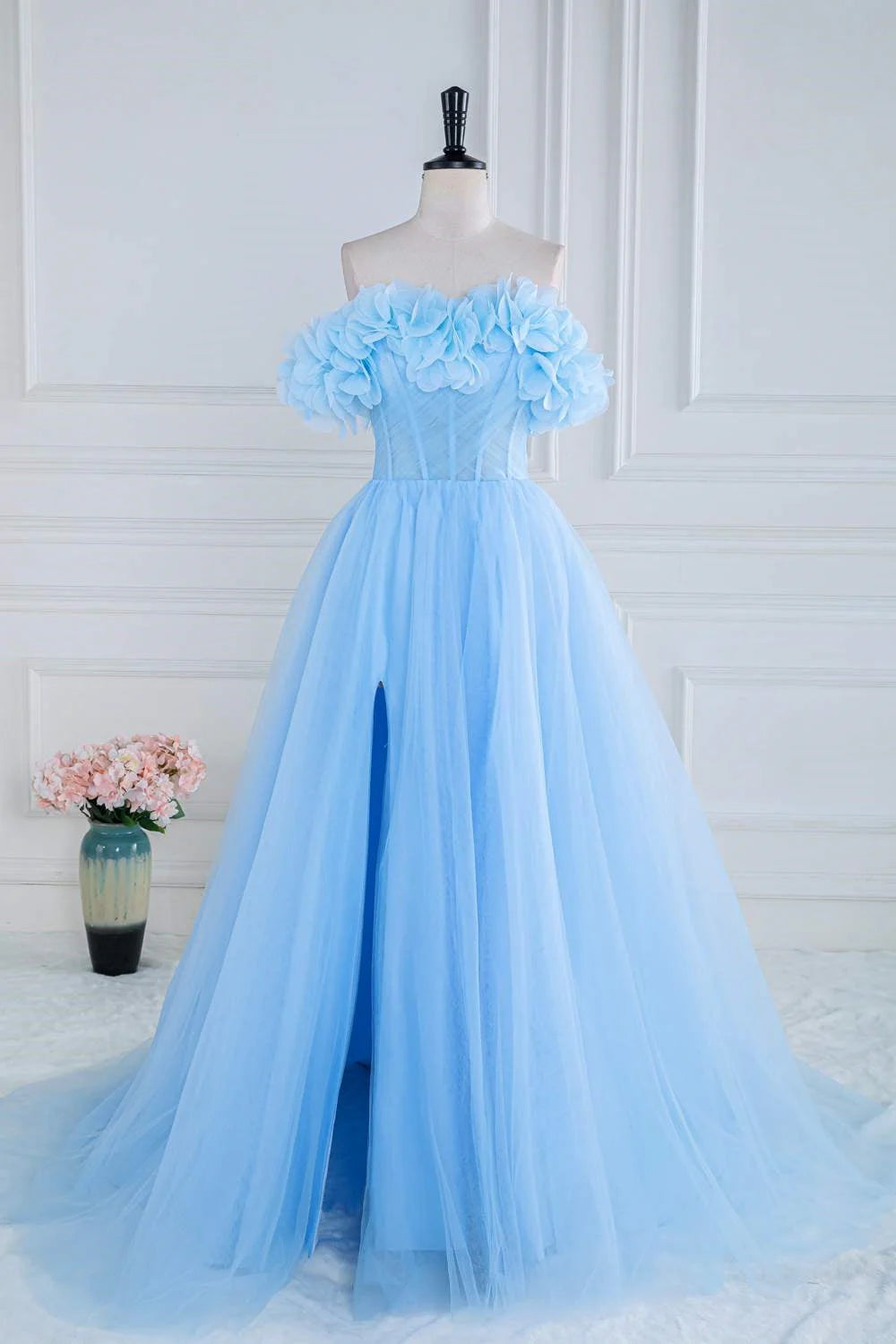 Off The Shoulder Tulle A Line Slit Prom Dresses With Flowers