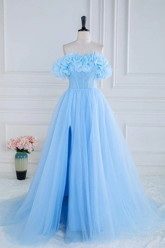 Off The Shoulder Tulle A Line Slit Prom Dresses With Flowers