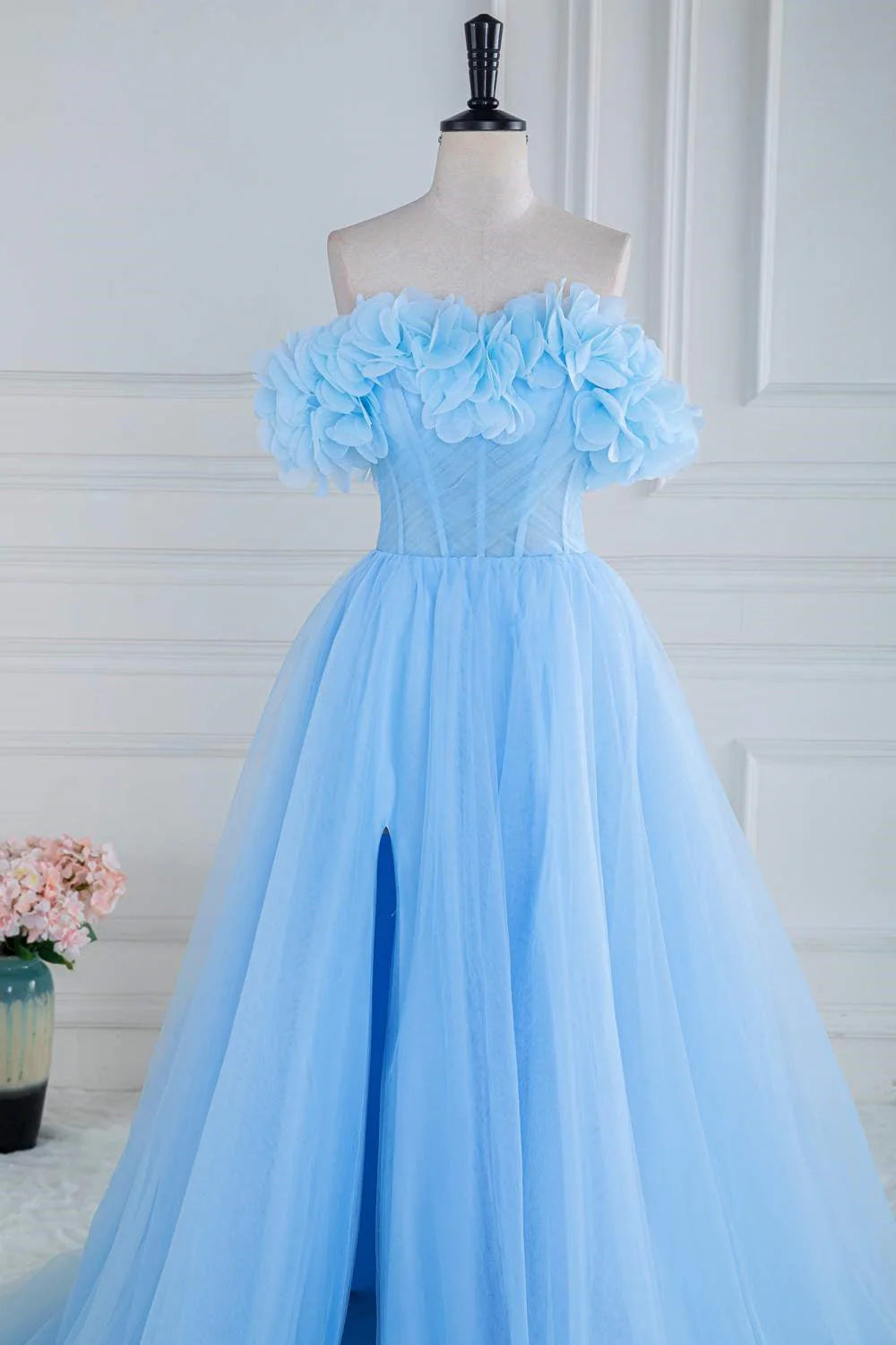 Off The Shoulder Tulle A Line Slit Prom Dresses With Flowers